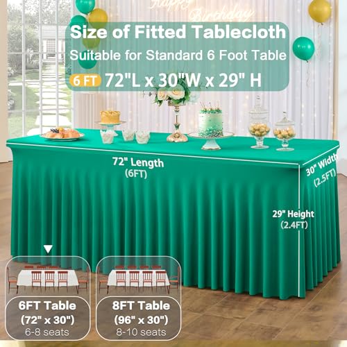 Image of 3 Pack Emerald Green Spandex Tablecloth for 6 Foot Rectangle Tables, Wrinkle Free Fitted Table Cloth Cover 6ft Green Stretchy Tablecloths with Skirt for Parties Weddings Birthday Banquet Baby Shower