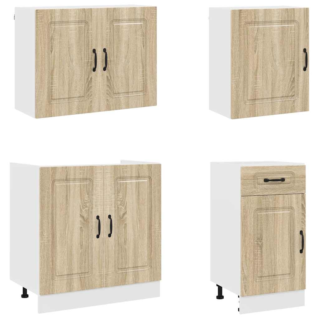 Set di 7 mobili da cucina Kalmar Sonoma, in legno di quercia Sonoma, con armadi alti e inferiori, pensili, vetrina e dispensa per riporre oggetti e organizzare la cucina