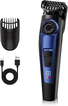 Electric Beard Trimmer for Men Professional Adjustable Length and Hair Clipper, Mens Beard Mustache Trimming and Body Hair Trimmer, Cordless Digital Display and Rechargeable USB Type-c Charger Blue