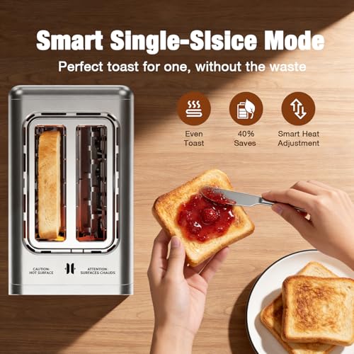 Image of 2 Slice Toaster, Smart Digital Touchscreen with Memory Function, 1.5 inch Extra-Wide Slots, 5 Bread Types & 6 Browning Settings, 900W for Fast Toasting, Defrost & Reheat Modes