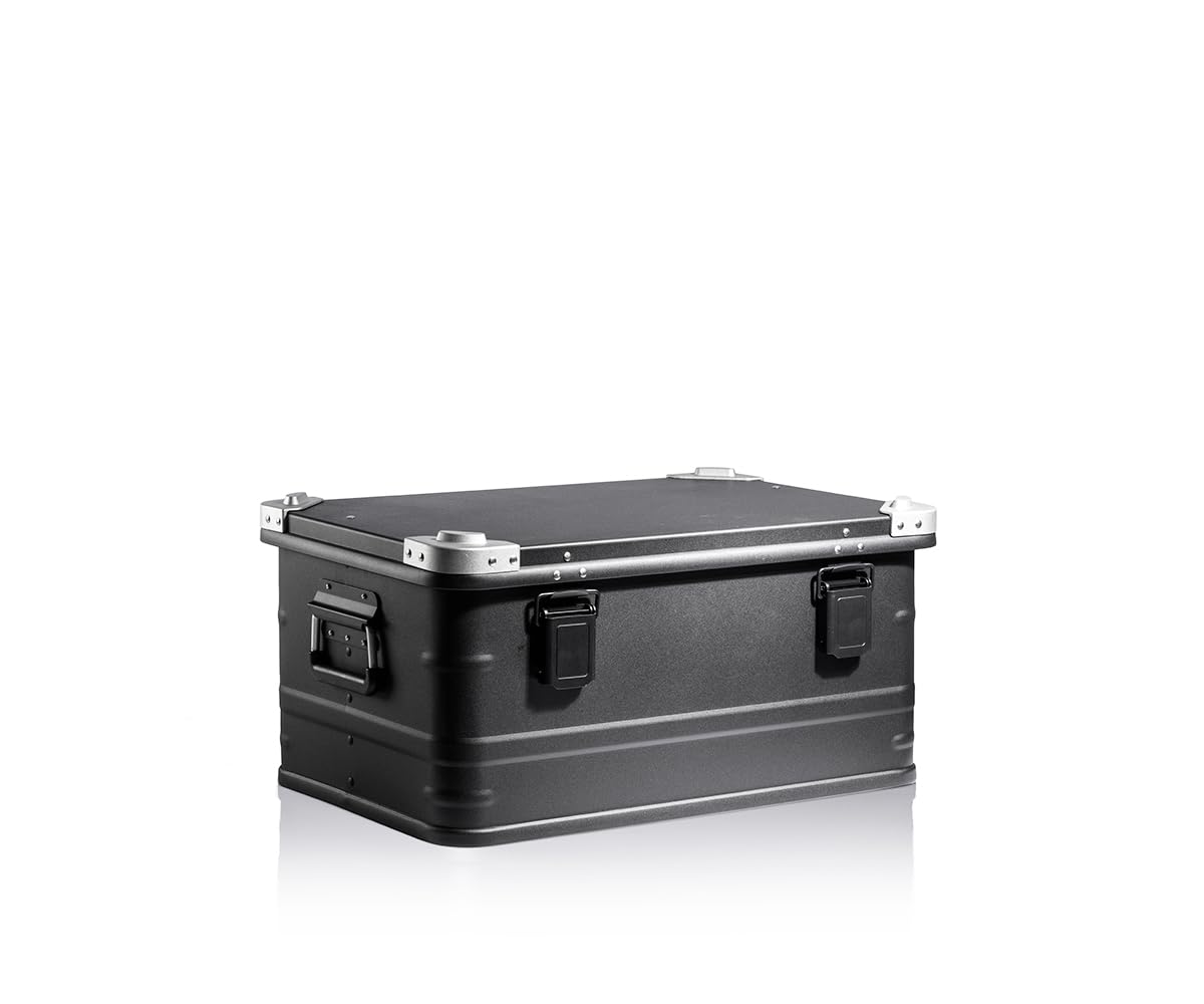 AluVault 047L – Alubox mit Deckel, Aluminium Aufbewahrungsbox, Alukiste, Spritzwassergeschützt, Staubdicht, Stapelbar - Transportbox mit Federgriffen für Werkzeug und Ausrüstung, Schwarz