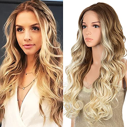 DÉBUT 4x4 Closure Lace Front Synthetic Wig Long Wavy Lace Wigs Body Wave Free Part Simulated Scalp Natural Looking Wigs for Daily Use Ombre Blonde Mixed 613 Color