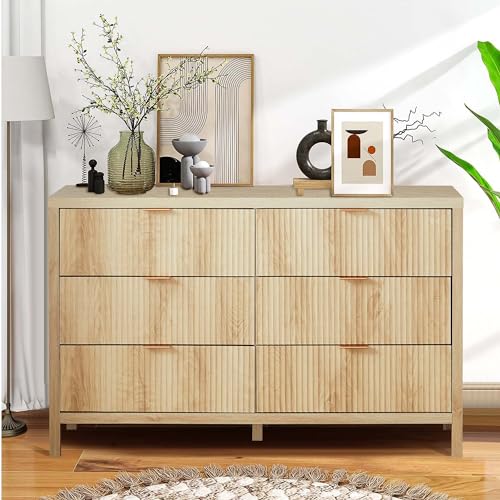 XUZENEST Fluted 6 Drawer Double Dresser for Bedroom, 47" Wide Modern Closet Dressers Chest of Drawers, Wood Storage Dresser Organizer for Nursery Bedroom Living Room Hallway Closet,Natural - Image 4