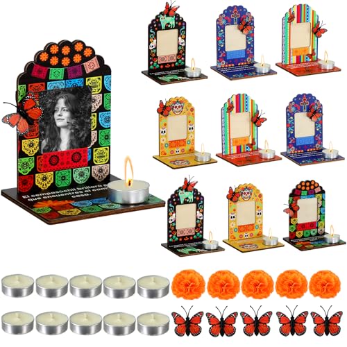 Dia De Los Muertos Decorations Picture Frames Day of The Dead Altar with Candle Marigold Artificial Monarch Butterfly Dia De Los Muertos Altar Kit Mini Sugar Skull Style Ofrenda Decorations