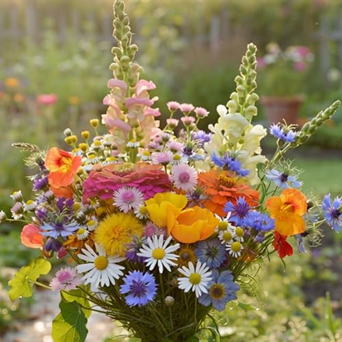 Schnitt Blumen Samen - 14 Sorten - Bunter Blumenstrauß zum aussäen - Saatgut für Balkon Kübel Garten oder Freiland - Einjährig - Insekten freundlich - Sonnenblume Kornblumen Gänseblümchen