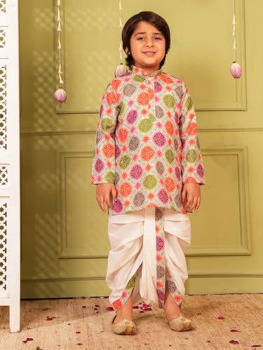 Image of AJ DEZINES Kids Cotton Printed Dhoti Kurta Set For Boys | Fashionable Bandhani Print Kurta | Stylish Boys Kurta Set | Perfect For Festivals Wedding & Family Function Wear