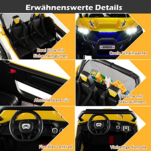 COSTWAY 2 Sitzer Kinderauto mit 2,4G Fernbedienung, 12V Kinder UTV mit Musik und Scheinwerfer, Elektro Auto 2-4 km/h, für Kinder ab 3 Jahren (Gelb)