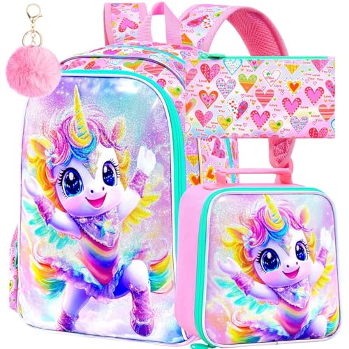 Image of 3Pcs Unicorn Backpack for Girls, 16 inch School Bookbag Set with Lunch Box,Kids Backpacks for Elementary Preschool Kindergarten (Pink)