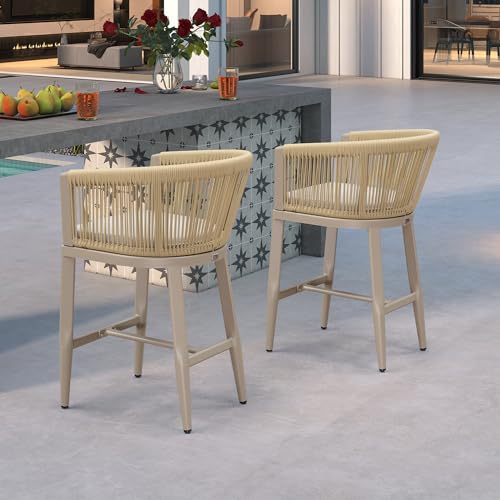 Image of PURPLE LEAF 4 PCS Counter Height Bar Stools Wicker with Cushion, Champagne