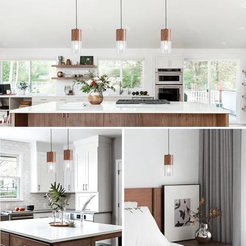 Image of Modern Pendant Lights for Kitchen Island, Adjustable Pendant Light Fixtures with Brown Wood Grain, Industrial Clear Glass Pendant Lights for Dining Table Hallway Bedroom Living Room,1 Pack