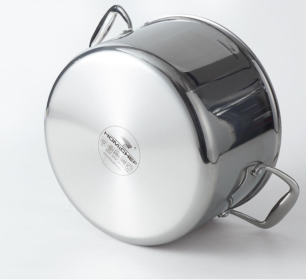 HOMICHEF Mirror Polished NICKEL FREE Stainless Steel 7 QT(Quart) Stock Pot with Glass Lid (No Toxic Non Stick Coating, Whole-Clad 3-Ply) - Triply Stainless Steel Pots and Pans - Soup Pots with Lids