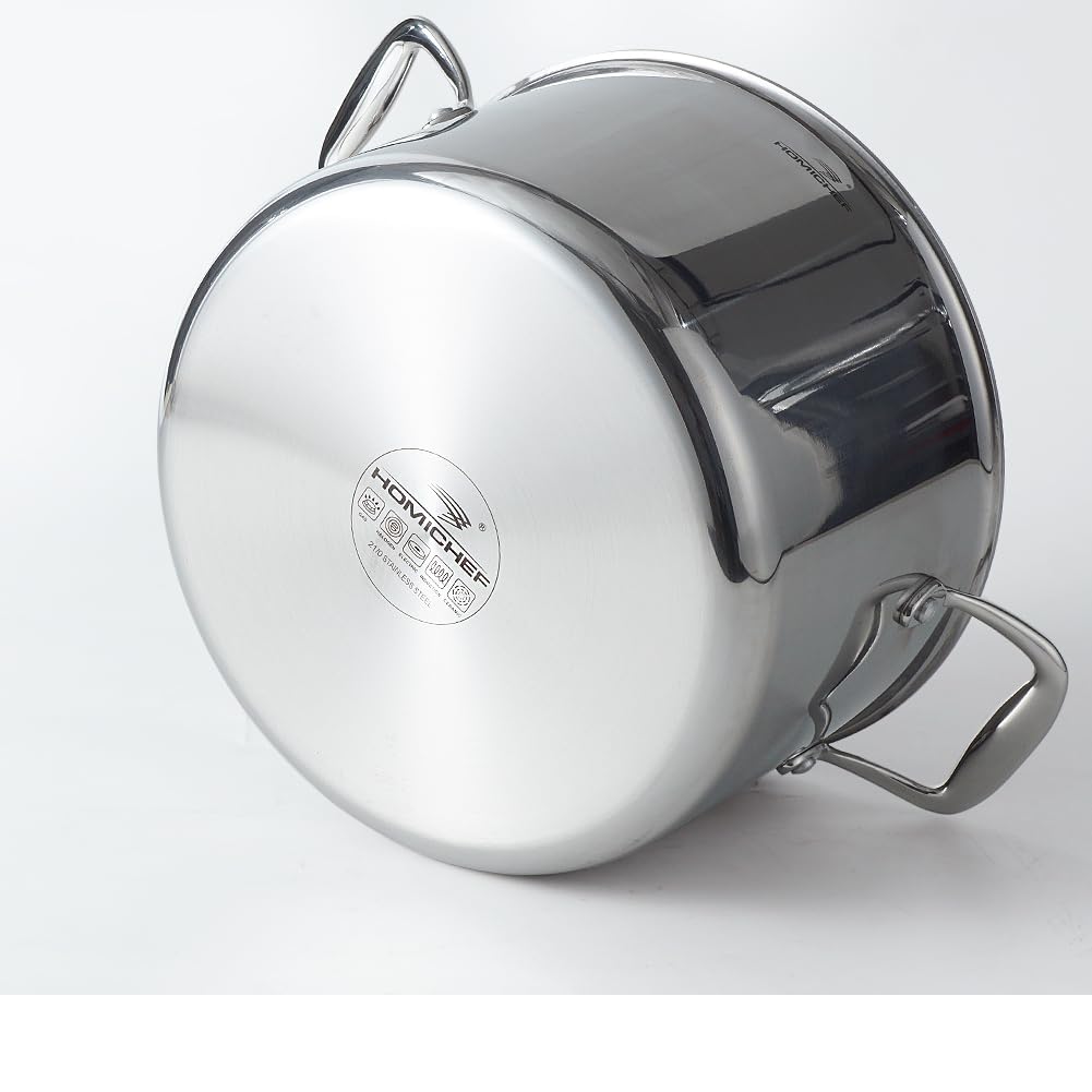 HOMICHEF Olla de acero inoxidable pulido sin níquel de 6,6 L con tapa de cristal (Sin revestimiento no tóxico, 3 capas) - 24 CM Ollas de acero inoxidable para cocinar
