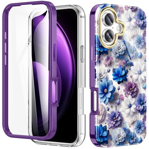 Hocase for iPhone 17 Case, (with Built-in Screen Protector) Shockproof Slim Soft TPU+Hard Plastic Full Body Protective Case for iPhone 17 (6.3") 2025 - Blue Purple Flowers