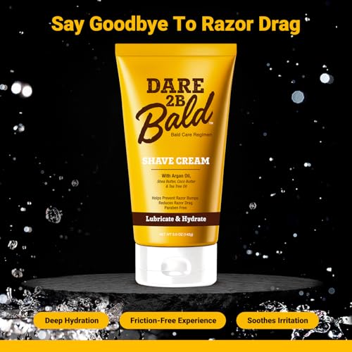 Image of High Time Dare 2B Bald Shaving Cream Sensitive Skin with Argan Oil, Tea Tree Oil, Shea and Cocoa Butter | Bald Head Shave Lotion for Rich Hydration and Moisture | 5.0 OZ