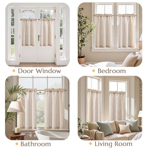 jinchan Striped Linen Kitchen Curtains 36 Inches Length Tier Curtains Farmhouse Modern Cafe Style Small Window Treatments Airy Light Filtering Rod Pocket for Living Room Bathroom 2 Panels Tan by jinchan - Image 4