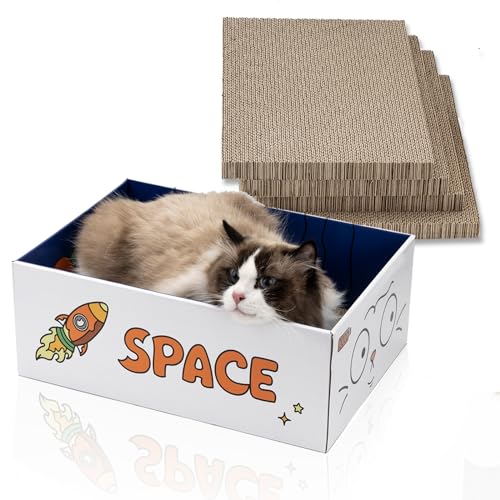 Petgravity 5 Packs in 1 Cat Scratching Pads with Box for Indoor Cats, Larger-Sized Durable Recyclable and Reversible Cardboard Cat Scratching Pad for Rest and Play(5 Pieces-Scratching Pads)