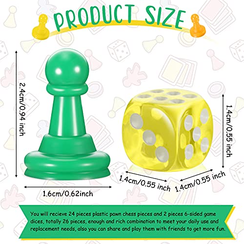 26 Pieces Multicolor Board Game Pieces And Dice Include 24 Multicolor Plastic Pawn Chess Pieces And 2 Plastic 6-Sided Game Dices, Chess Game Pieces Dice Set For Board Game Components Table Marking #TOP1