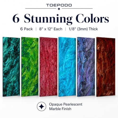 Image of TOEPODO Pearlescent Marble Acrylic Sheets 1 /8 inch Glitter Cast Opaque Plexiglass Sparkly Swirl Acrylic Panels for Laser Cutting Engraving DIY Crafts /Home Deco (6, Sets, 8x12 Inch)