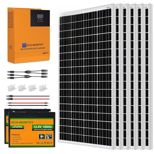 ECO-WORTHY 4 kW·h Solarsystem 1kW 24V mit Wechselrichter und Batterie Netzunabhängig für Wohnmobil: 6 * 170W Solarmodu + 2 * 100Ah Lithiumbatterie +3kW 24V-220V All-in-One-Maschine Invertersteuerung