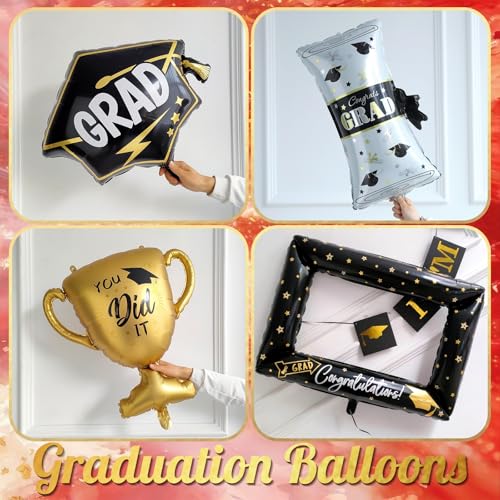 Image of 141Pcs Ruby Red Gold White Graduation Balloon Garland Arch Kit,with Explosion Star,Diploma,Trophy,Grad Hat,Photo Frame Foil Balloon for Congrats Class of 2026 Graduates Celebration Party Decoration