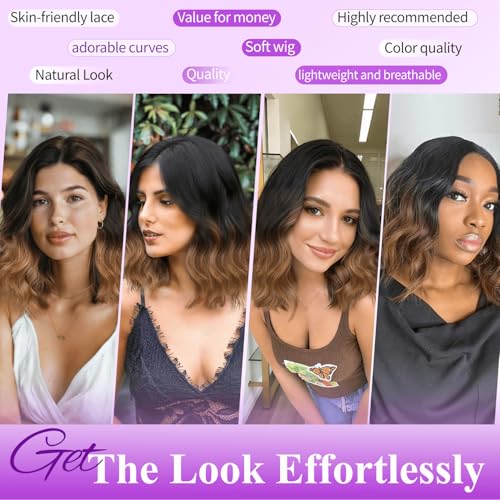 Image of Eawwii Ombre Brown Short Wavy Wig for Women Lace Hairline Bob Style Synthetic Heat Resistant - Natural Appearance for Everyday Hairstyle 14 Inch | Glueless 4x1 Lace Hairline, Heat-Resistant Fiber,Bob Wave Style,Natural Appearance for Everyday Cosplay 14 Inch