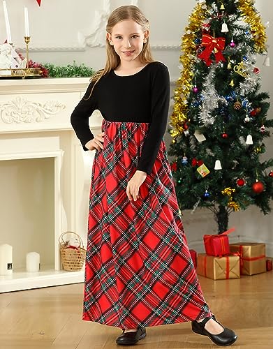 KYMIDY Girl Maxi Dress Kids Casual Buffalo Check Plaid Long Sleeve Dresses with Pockets(6-14yrs)4