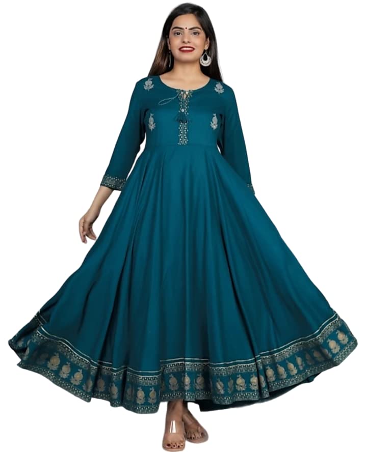 Image of Women's Rayon Golden Flroal Printed Anarkali Kurti