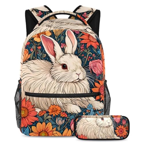 Sac à dos lapin multicolore avec trousse assortie pour écoliers et adolescents