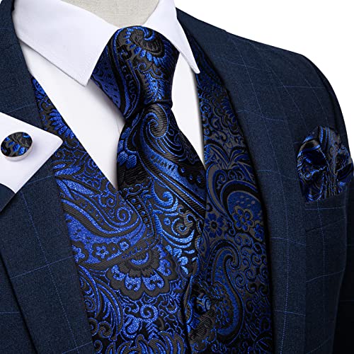 Image of DiBanGu Mens Paisley Vest Silk Sleeveless Suit Vest and Neck Tie Pocket Square Cufflinks Set for Wedding Formal