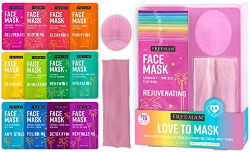 FREEMAN Facial Love To Mask Variety Pack: Oil Absorbing Clay, Detoxifying Charcoal, Clearing Peel Off, Hydrating Gel Cream, Exfoliating Scrub, 14 Piece Kit with Bonus Buffer and Headband