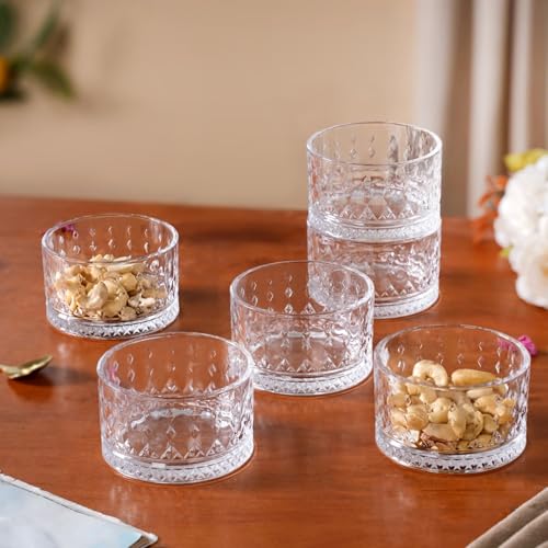 Image of Nestasia Glass Dessert Bowls Set of 6 (220ml Each) - Diamond Embossed Transparent Katori for Ice Cream | Microwave Safe Snack Bowls with Gift Box - Perfect for Gifting