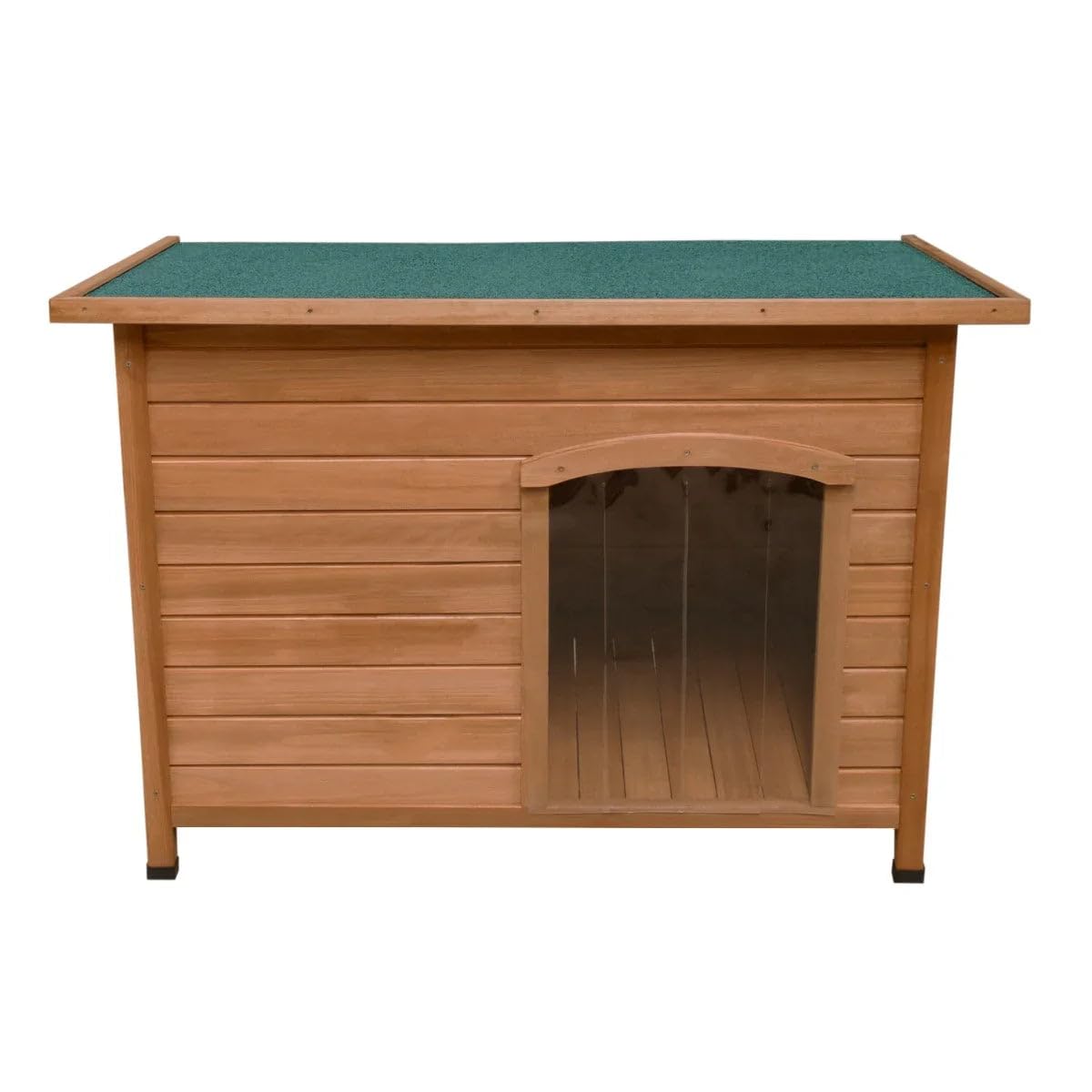 Wooden Dog Kennel Large Pet House Shelter Animal Hut 80 H x 116 W x 79cm D Outdoor Indoor Hinged Open Top 5cm Raised Base Removable Floor Door Flaps Weatherproof Fir Wood Easy Clean Slanted Roof