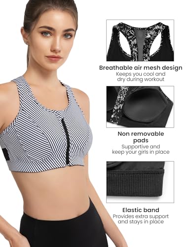 Image of Yvette Zip Front Sports Bra - High Impact Sports Bras for Women Plus Size Workout Fitness Running,Black Printed,2XL Plus