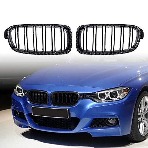 2Pcs Glossy Black Carbon Fiber Double Line Front Hood Kidney Euro Style Grille Grill Compatible With 12-18 F30 F31 3-Series #TOP4