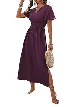 DENWZXOM Women's Long Dress V Neck Waist Side Slit A-Line