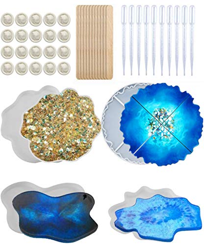 4pcs Posavasos de silicona Moldes Ágata Molde de resina de silicona Ronda Posavasos de onda irregular Molde de silicona Fabricación de alfombrilla de epoxy con herramienta de mezcla