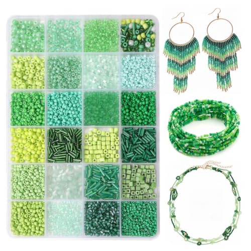 24 Grid Green Glass Seed Bugle Tube Beads Kit for Jewelry Making DIY Craft