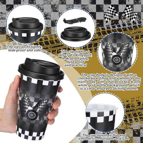 Yungyan 16 Sets Checkered Flag Race Car Party Favors Goodie Cups with Lids and Straws for Birthday Decorations Reusable 16oz Plastic Candy Cups Plastic Straws for Birthday Party (Checkered Flag) by Yungyan - Used condition - Image 3