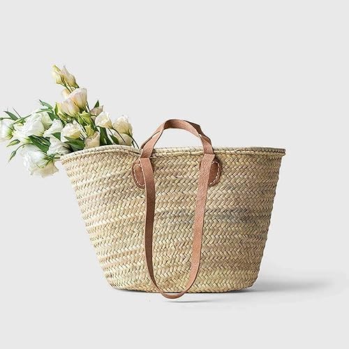 Bolso de mercado francés con asas planas dobles de cuero – Elegante bolso de paja marroquí para la playa y uso diario miniatura 7