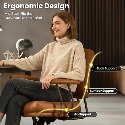 Image of ovios Ergonomic Office Chair, Mid Back Faux Leather Executive Chairs with Thick Cushion, Comfy Mid-Century Modern Swivel Rolling Computer Armchair (Brown, Suede Leather)