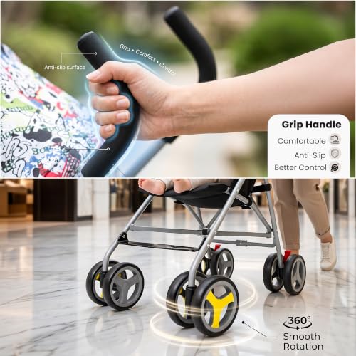 Image of TAG Baby Stroller for 0 to 3 Years | Foldable Pram with Soft Cushioned Seat, 360 Wheels, Sun Canopy, Rear Storage Bag & Wheel Lock | Lightweight Travel Trolley for Infants and Toddlers