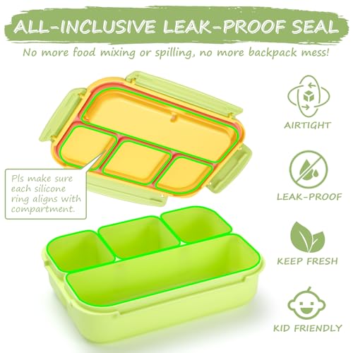 Image of QQKO Bento Box for Kids Adults, School Toddler Lunch Box for Boys Girls, Lunch Box Containers with 4 Compartments, Sauce Container, Utensils, Food Picks and Muffin Cups for School, Pink Yellow Green