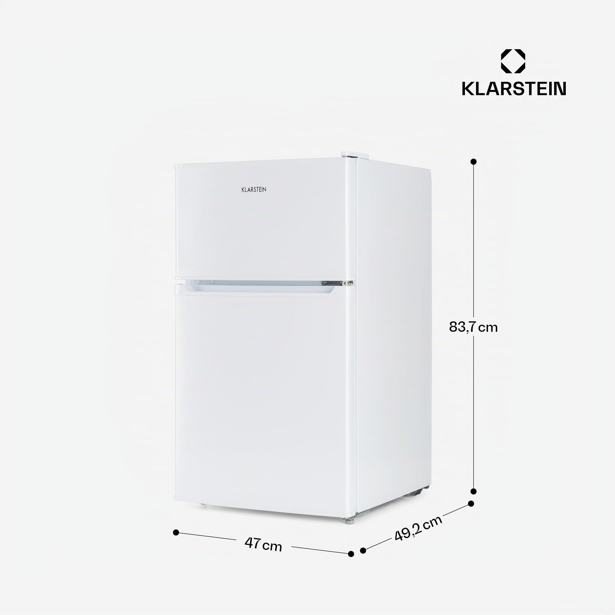 KLARSTEIN Big Daddy Cool – Combinación Nevera-Congelador, Neveras silenciosas de 87L de capacidad, Eficiencia energética clase E, Frigorífico de 61L, Congelador de 26L, Blanco