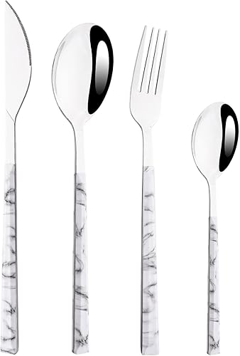 Juego de cubiertos de 24 cubiertos de imitación de mármol blanco con mango de mármol blanco, juego de cubiertos de acero inoxidable para 6,