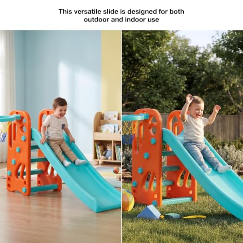 Image of Baybee Garden Baby Slide for Kids with Basketball Hoop | Perfect Mini Playground Sliding for Babies with Handrails | Baby Play Area Indoor Setup | Outdoor Slider for Kids 2 to 5 Years (Orange /Blue)