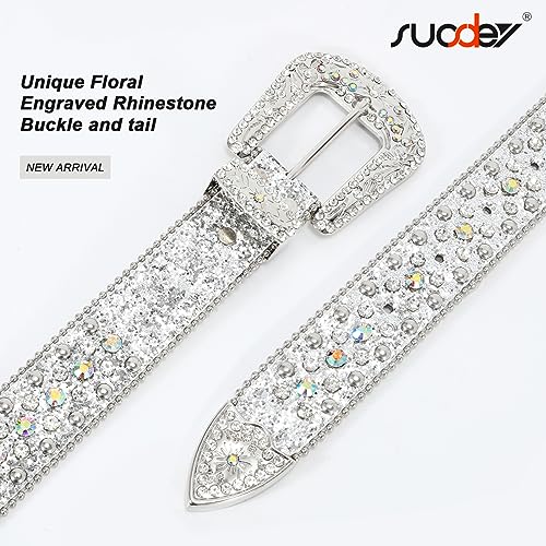 Image of SUOSDEY Rhinestone Belt Men Women for Jeans Dress Western Cowgirl Cowboy Studded Glitter Sequin Strap Belt, A-silver, 41.3 inch /105cm fit waist: 29 inch-33 inch