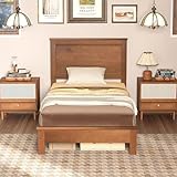 Giantex Wood Twin Bed Frames with Headboard, Mid Century Platform Bed Frame with Solid Wood Legs & Wooden Slat Support, Twin Bed Frames for Kids Adults, Walnut Bed