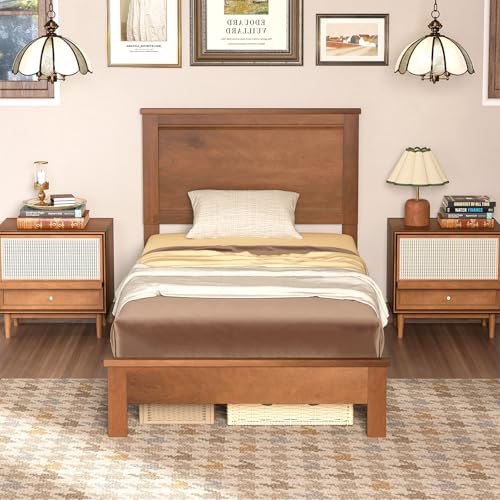 Image of GIANTEX Wood Twin Bed Frames with Headboard, Mid Century Platform Bed Frame with Solid Wood Legs & Wooden Slat Support, Twin Bed Frames for Kids Adults, Walnut Bed