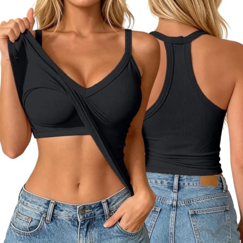 Noir Debardeur Femme avec Soutien Gorge Intégré Respirant Débardeur Dos Nageur Col V Top sans Manche Basique Crop Top avec Bretelles Spaghetti Confortable Camisole Chic et Elegant T-Shirt Tank Yoga L