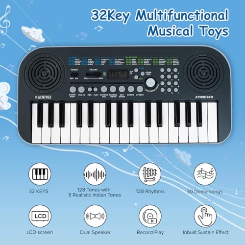 Image of Kadence K-Tone 32B Mini Keyboard for Kids | 32 Accordion Keys | 128 Rhythms & Tones | 30 Demo Songs, 15 Real Voices & 8 Indian Instruments | Dual Speakers with Recording | With Power Adapter | Blue